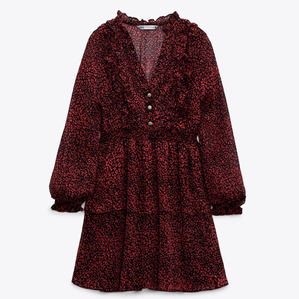 Zara Animal Print Ruffled Long Sleeve Dress Women Size Small